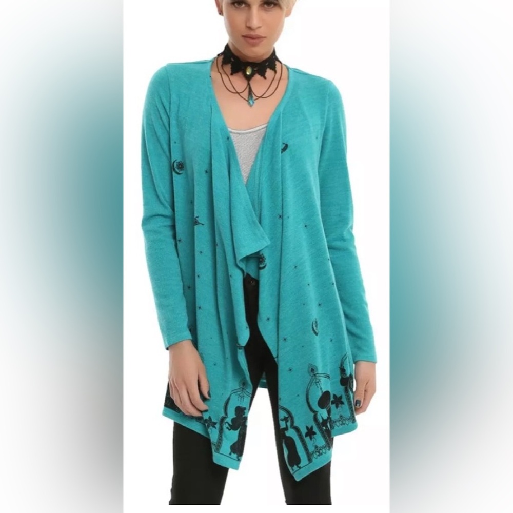 Disney Official Aladdin Character Women’s Teal Open Front Cardigan Sweater